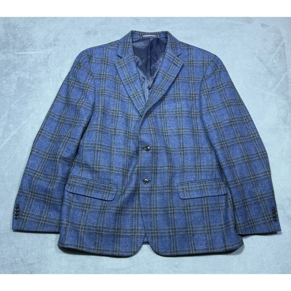 Tommy Hilfiger Blazer Mens 48R Blue Windowpane Plaid Wool Blend Sport Coat Dad